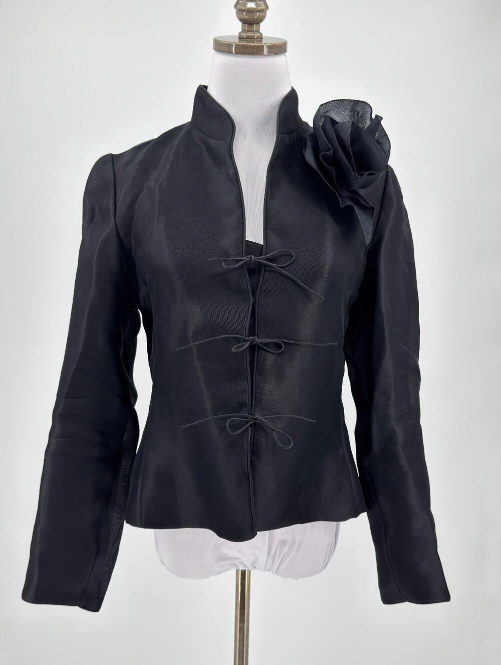 Vintage Jackie Rogers Black Silk Bow Tie Closure Flower Accent Structured Jacket